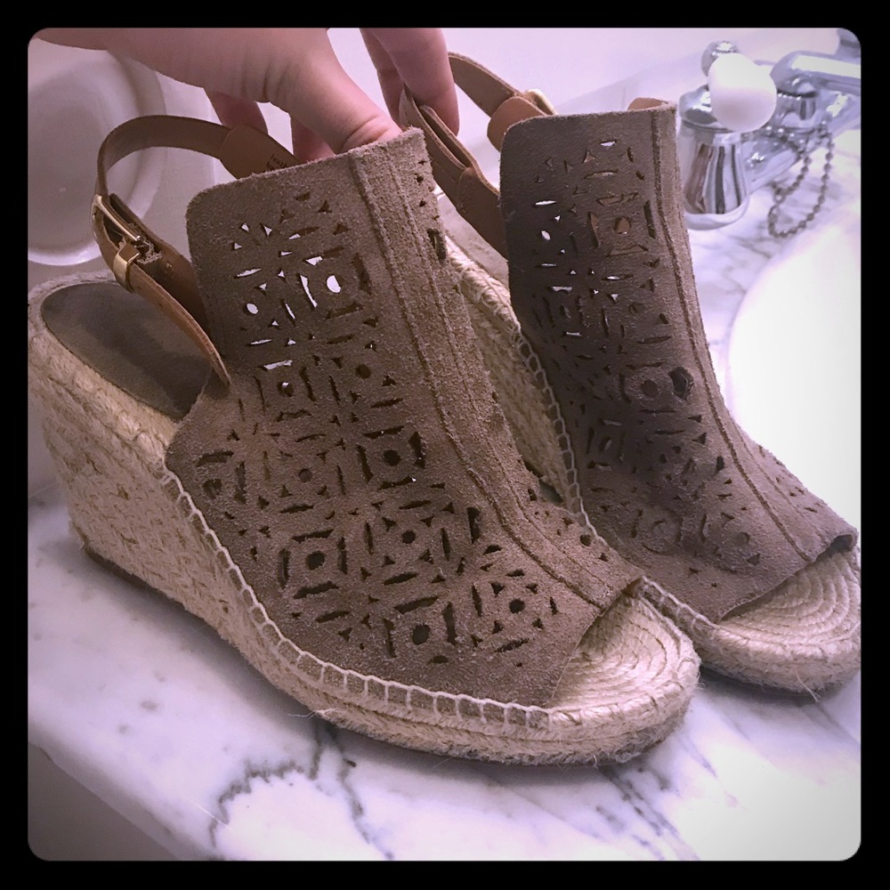 Tan suede cutout wedge sandals